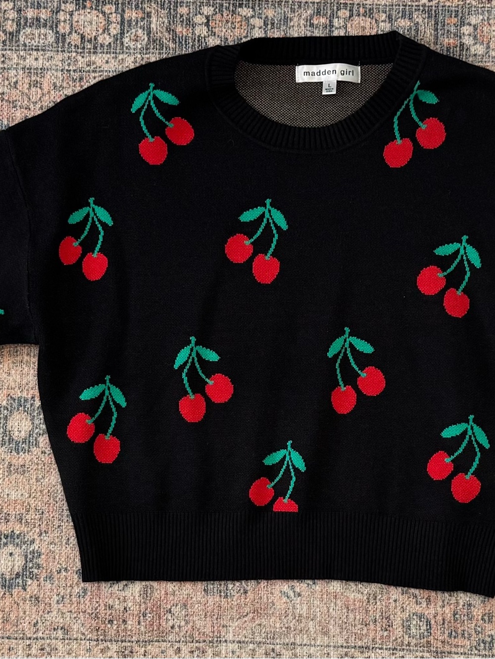madden girl Black Cherry-Print Crewneck Sweater